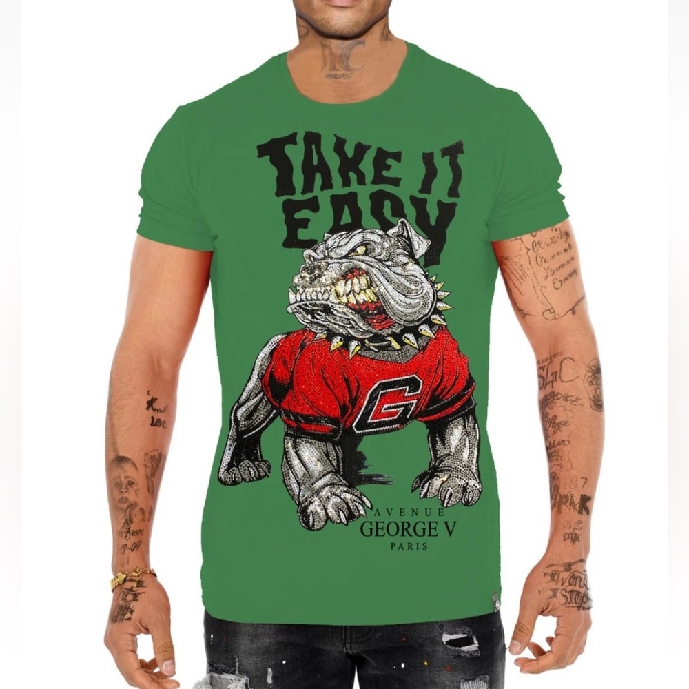 Avenue George V Paris T-Shirt rhinestone bulldog men’s Green Short Sleeve S M
